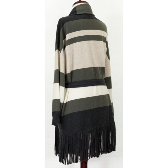 $4495 BRUNELLO CUCINELLI CASHMERE STRIPED BELTED CARDIGAN FRING BOTTOM - Picture 3 of 8